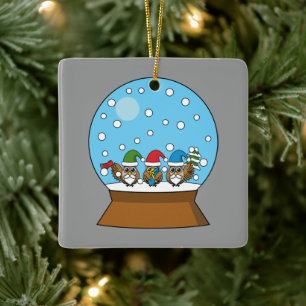 Snow Globe with Three Gnome Owls Ceramic Ornament
