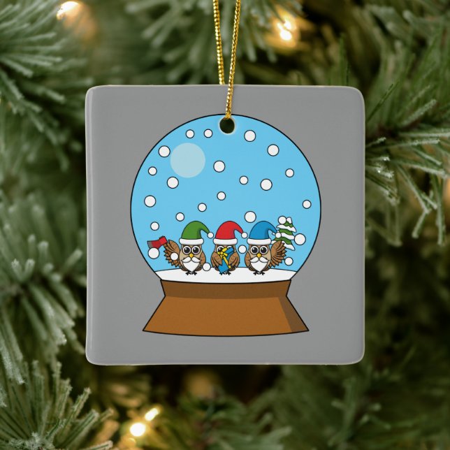Snow Globe with Three Gnome Owls Ceramic Ornament (Tree)