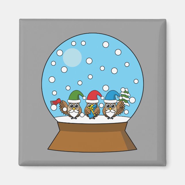 Snow Globe with Three Gnome Owls Magnet (Front)