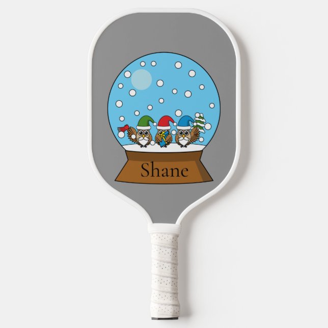 Snow Globe with Three Gnome Owls | Personalise  Pickleball Paddle (Front)