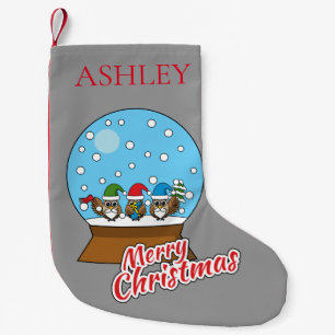 Snow Globe with Three Gnome Owls   Personalize Small Christmas Stocking
