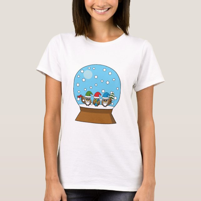 Snow Globe with Three Gnome Owls T-Shirt (Front)