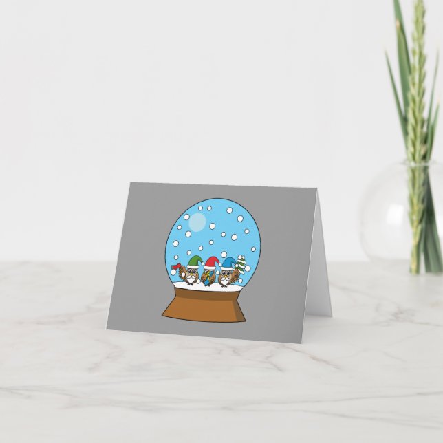 Snow Globe with Three Gnome Owls Thank You Card (Front)