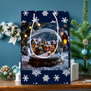 Snow globe with Vintage Train and Village Medium Gift Bag