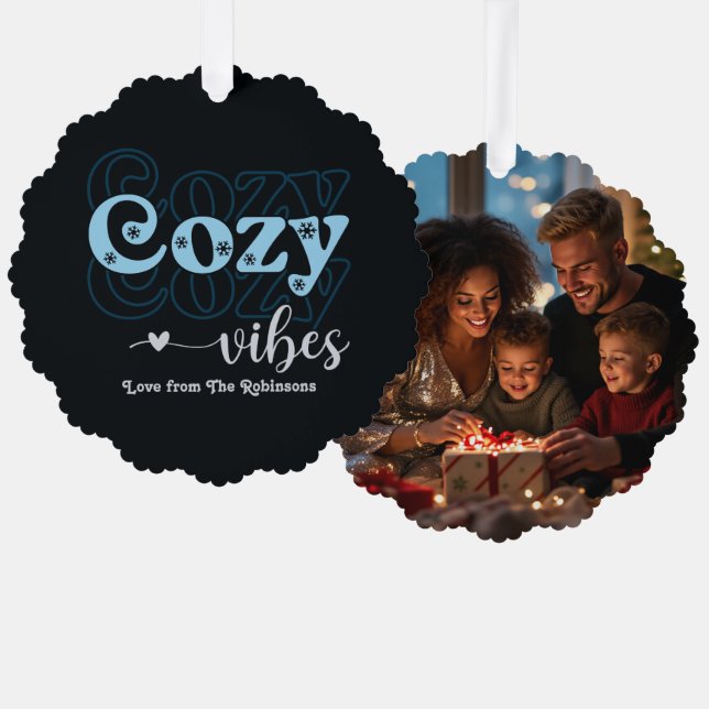 Snow Glow Cosy Vibes Retro Christmas Photo Tree Decoration Card (Front/Back)