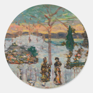 Snow in April by Maurice Prendergast, Vintage Art Classic Round Sticker