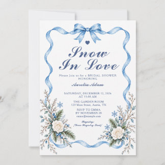 Snow in Love Blue Bow Boho Winter Bridal Shower Invitation