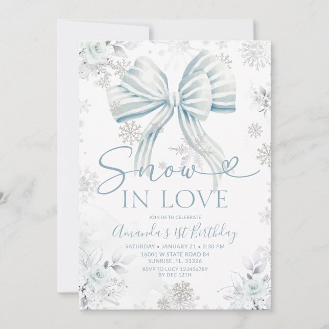 Snow In Love Blue Bow Silver Snowflake Birthday Invitation (Front)