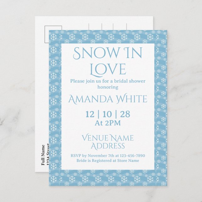 Snow In Love Blue Snowflake Bridal Shower  Invitation Postcard (Front/Back)