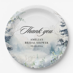 Snow in love dusty blue Winter Bridal Shower  Paper Plate