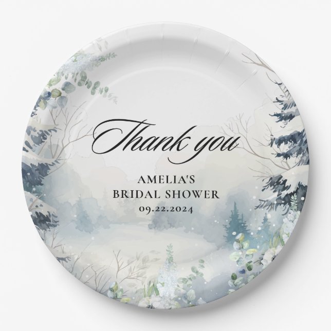 Snow in love dusty blue Winter Bridal Shower  Paper Plate (Front)