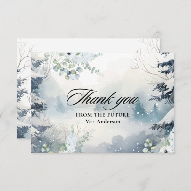 Snow in love dusty blue Winter Bridal Shower  Thank You Card (Front/Back)