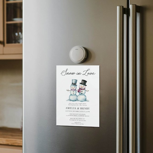 Snow in Love Funny Winter Couples Bridal Shower Magnetic Invitation (wedding magnet bridal couple shower invitation snow in love mr mrs snowman funny cute)