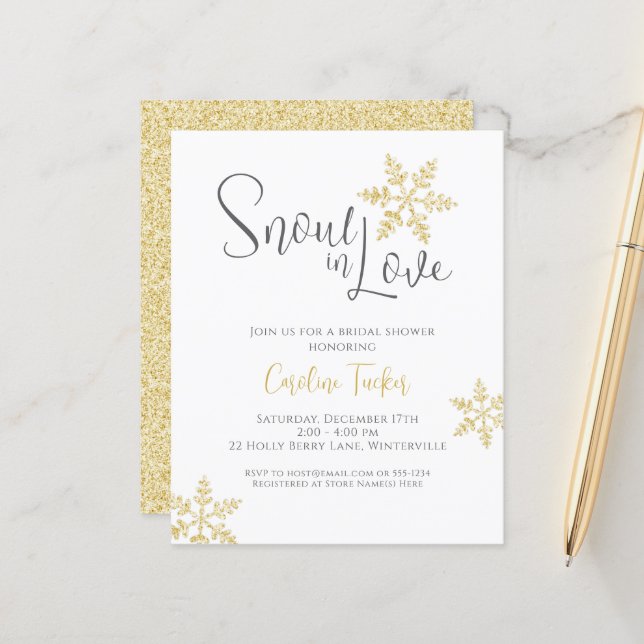 Snow in Love Gold Snowflakes Bridal Shower Invite (Front/Back In Situ)