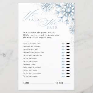 Snow in Love He Said She Said Bridal Shower Game
