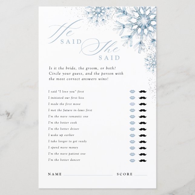 Snow in Love He Said She Said Bridal Shower Game (Front)