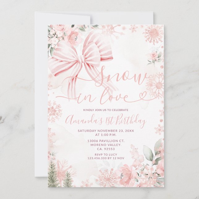 Snow In Love Pink Bow Floral Christmas Birthday Invitation (Front)