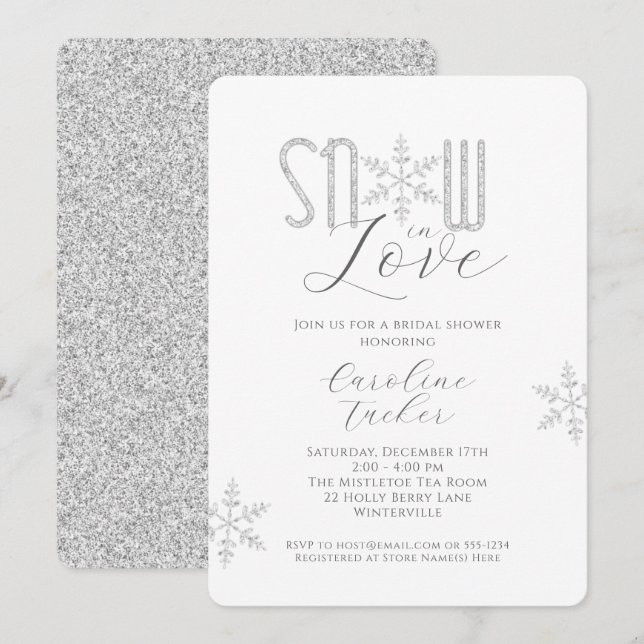 Snow in Love Silver Snowflakes Bridal Shower Invitation (Front/Back)