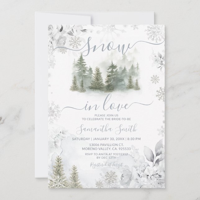 Snow In Love Silver Winter Pine Tree Bridal Shower Invitation (Front)