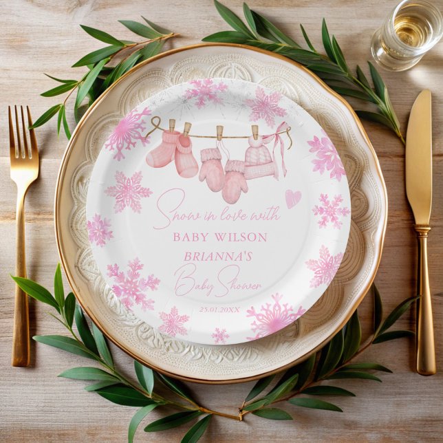 Snow in love snowflakes baby shower monogrammed paper plate (Snow in love pink snowflakes clothes line baby shower monogrammed paper plates personalized decor)