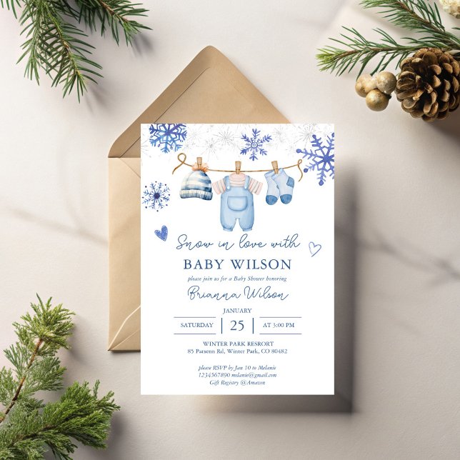 Snow in love snowflakes winter baby shower invitation (Snow in love cute blue snowflakes boy clothes on a line winter baby shower invitation template )