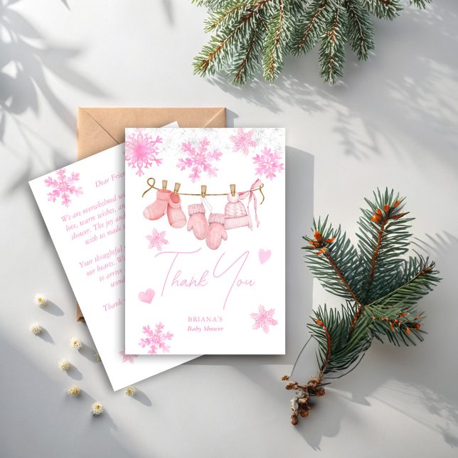 Snow in love snowflakes winter baby shower thank you card (Snow in love pink snowflakes girls clothes line winter baby shower thank you cards)