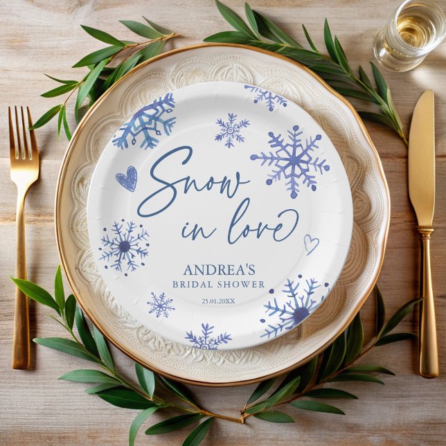 Snow in love snowflakes winter bridal shower paper plate (Snow in love snowflakes winter bridal shower monogrammed printed paper plates personalized decor)