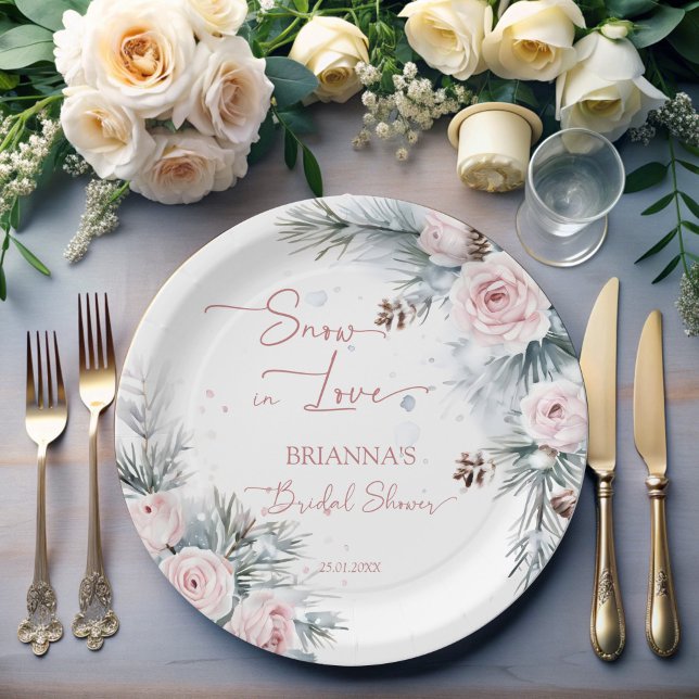 Snow in love snowy pines winter bridal shower paper plate (Snow in love snowy pines roses winter bridal shower personalized paper plates customized table decor)