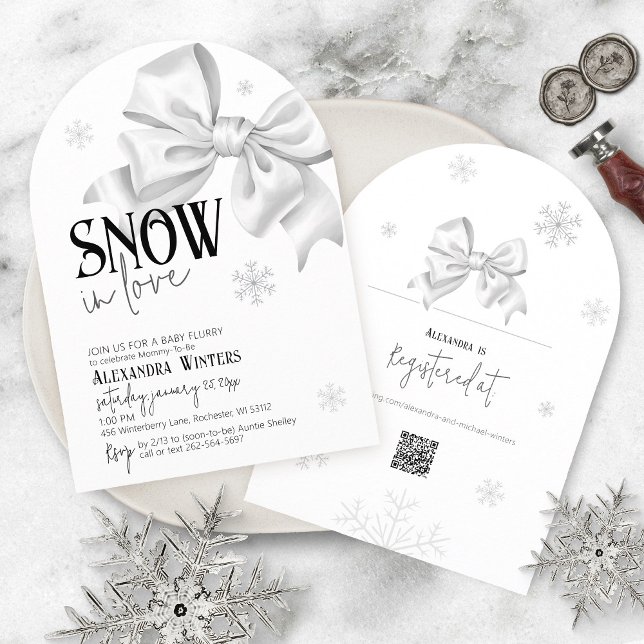 Snow In Love White Bow Baby Shower Winter Arch QR Invitation (Arch black and white elegant baby girl or boy winter snowflake white bow QR code Snow in love shower)