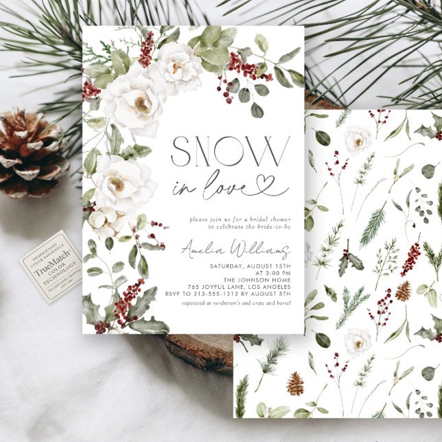Snow in Love White Flowers Pine Winter Invitation (Creator Uploaded)