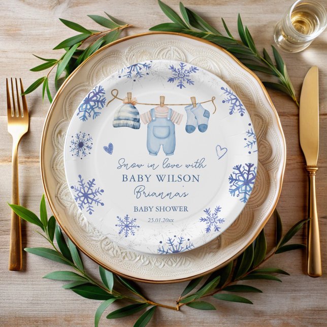 Snow in love winter baby shower monogrammed paper plate (Snow in love cute clothes line blue snowflakes winter baby shower monogrammed paper plates)