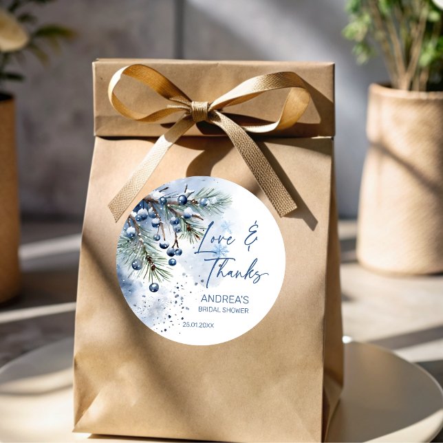 Snow in love winter bridal shower favours classic round sticker (Snow in love winter bridal shower favors personalized thank you favor sticker snowy pines dusty blue)