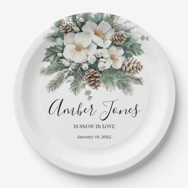Snow In Love Winter Bridal Shower Invitation Paper Plate (Front)