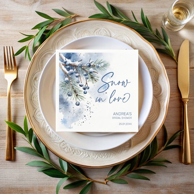 Snow in love winter bridal shower monogrammed napkin (Snow in love winter bridal shower monogrammed napkins snowy pines personalized name table decor )