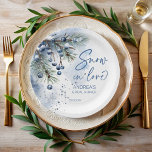 Snow in love winter bridal shower monogrammed paper plate<br><div class="desc">Snow in love winter bridal shower monogrammed paper plates template,  watercolor dusty blue winter berries on snowy pine branches snowflakes personalised paper plates,  winter bridal shower personalised table decor customised paper plates,  winter bridal shower party supplies</div>