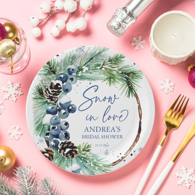 Snow in love winter bridal shower pines wreath paper plate (Snow in love winter bridal shower tableware personalized paper plates watercolor pine wreath rustic)