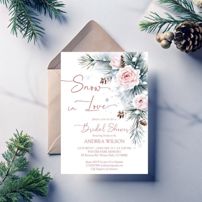 Snow in love winter bridal shower snowy pines invitation (Snow in love winter bridal shower invitation snowy pines blush roses invitation templates download)