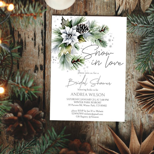 Snow in love winter bridal shower template (Snow in love winter bridal shower template invitation digital download watercolor white poinsettia)