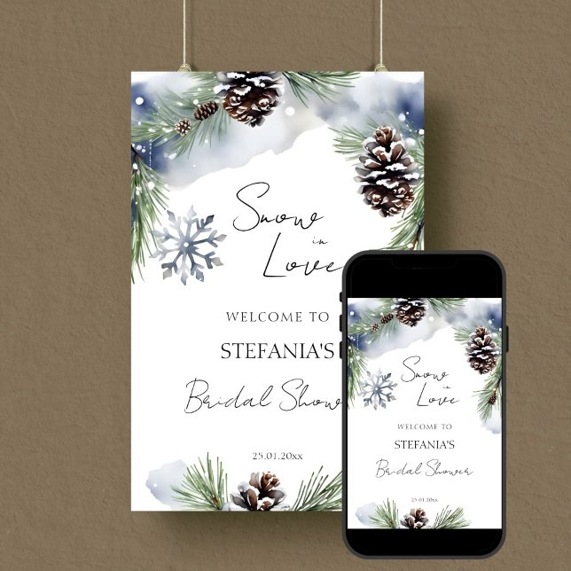 Snow in love winter bridal shower welcome sign (Snow in love winter bridal shower editable template welcome sign digital download snowy pines cones)