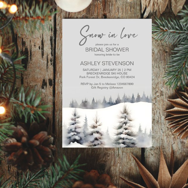 Snow in love winter pine forest bridal shower invitation (Snow in love winter pine forest bridal shower editable template invitation digital download pastel )