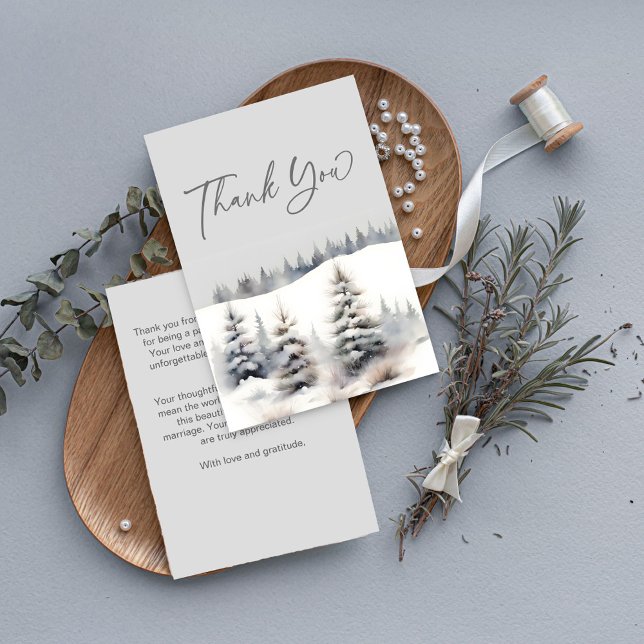 Snow in love winter pine forest bridal shower thank you card (Snow in love winter pine forest bridal shower thank you card dusty sage green pastel grey watercolor)