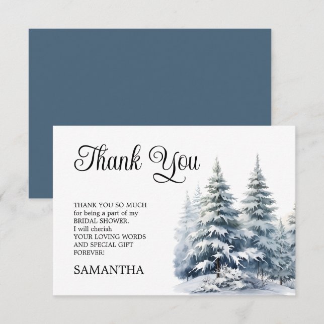 Snow in Love winter pine forest Bridal Shower Thank You Card (Front/Back)