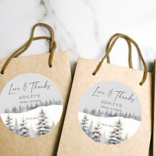 Snow in love winter pines bridal shower favour classic round sticker