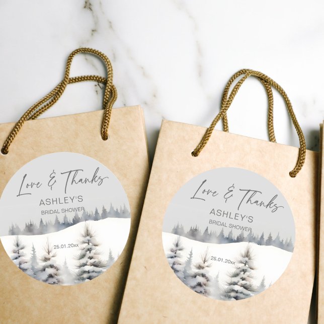 Snow in love winter pines bridal shower favour classic round sticker (Snow in love winter pines bridal shower thank you favor sticker watercolor snowy pines winter themed)