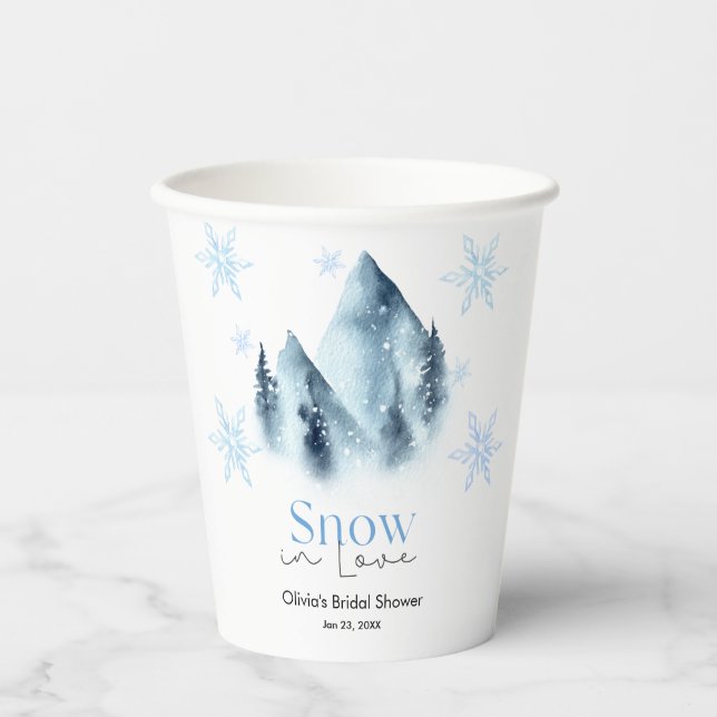 Snow in Love Winter Snowflakes Bridal Shower Paper Cups (Front)