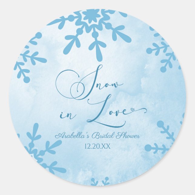 Snow In Love Winter Wonderland Bridal Shower Classic Round Sticker (Front)