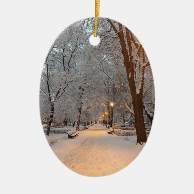 Snow in Park Sibiu Ceramic Tree Decoration (Front)