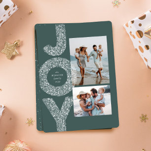 Snow joy speckle two photo green Christmas Holiday Card