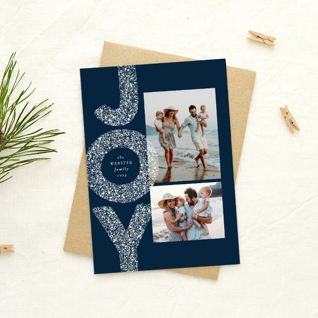 Snow joy speckle two photo navy Christmas Holiday Card (Creator Uploaded)