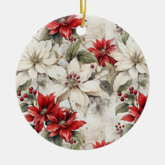 Snow-kissed Elegance White and Red Poinsettia Ceramic Tree Decoration